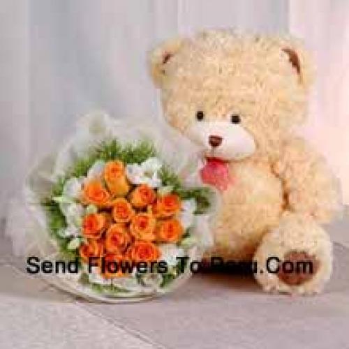 12 Orange Roses with Cute Teddy Bear