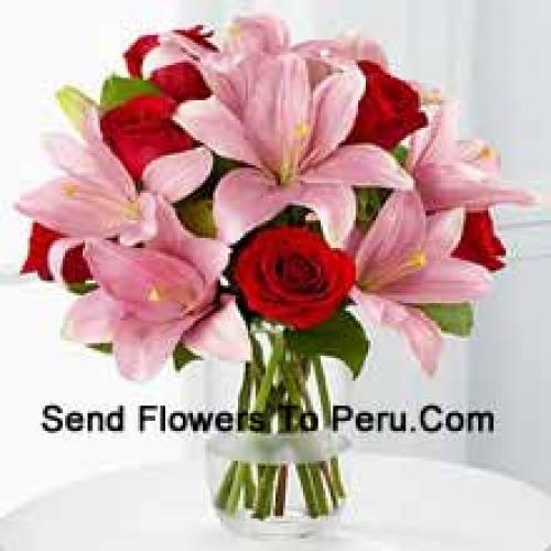 Pink Lilies and Cute Red Roses