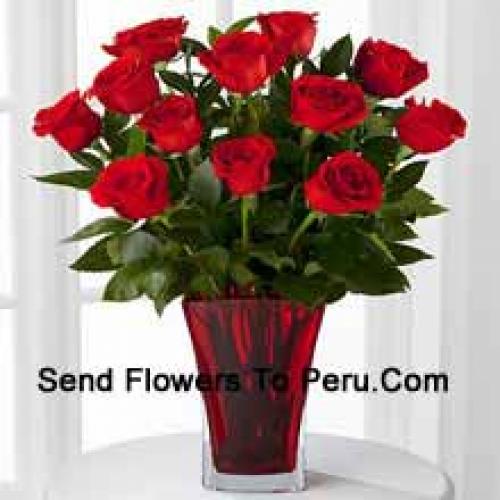 12 Hot Red Roses in Vase