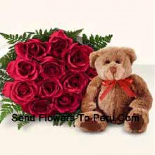 12 Red Roses with Cute Brown Teddy